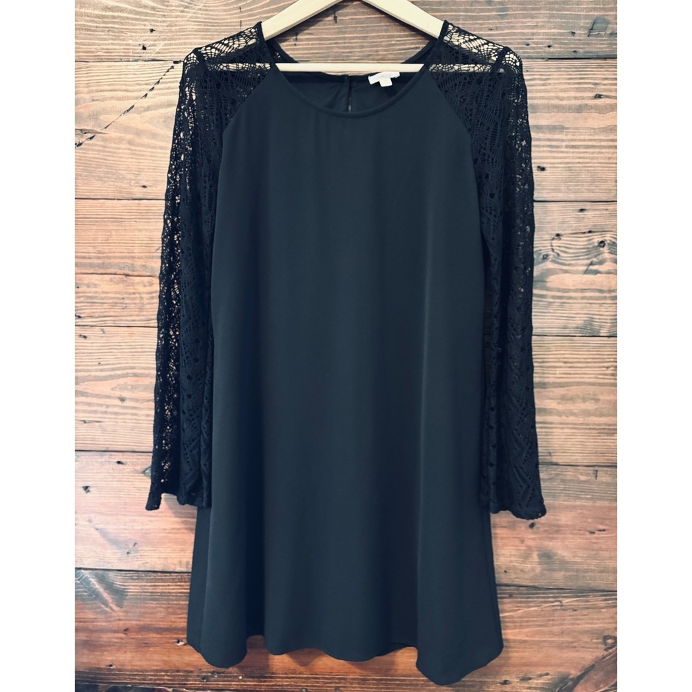 Black Shift Dress Women's M Black Lace Long Sleeve Mini LBD Boho Chic Whimsigoth